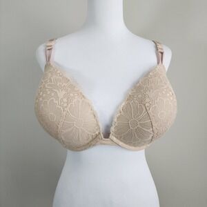Victoria Secret Push Up Bra 38DDD Beige Lace Underwire Floral Sexy Multiway Back